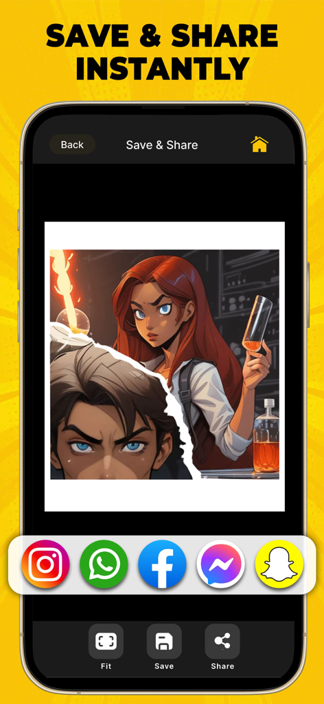 Save and share screen of Comic Cartoon Story Maker app showing social media icons and a custom cartoon illustration.