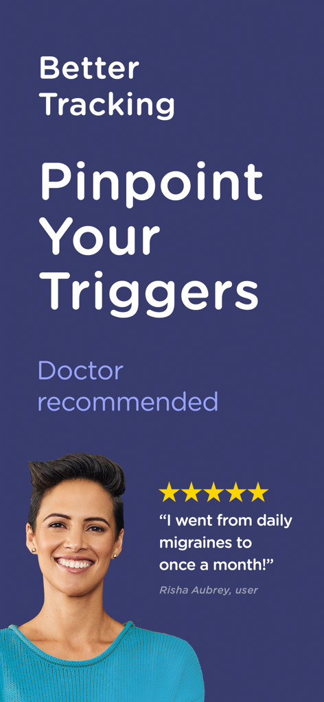 Pantalla promocional de la aplicación Migraine Insight que destaca la identificación de desencadenantes con un testimonio de usuario de cinco estrellas.