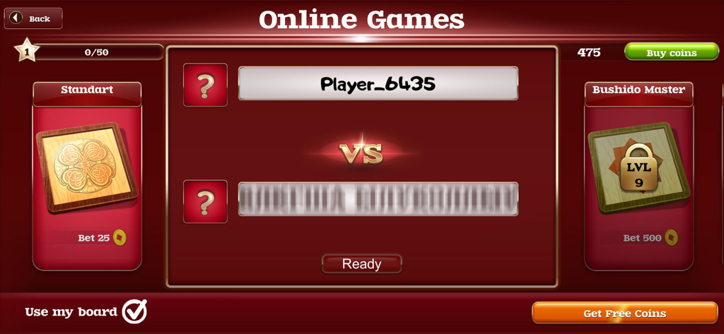 Narde - classic backgammon - Online multiplayer matchmaking and board selection screen for Narde classic backgammon