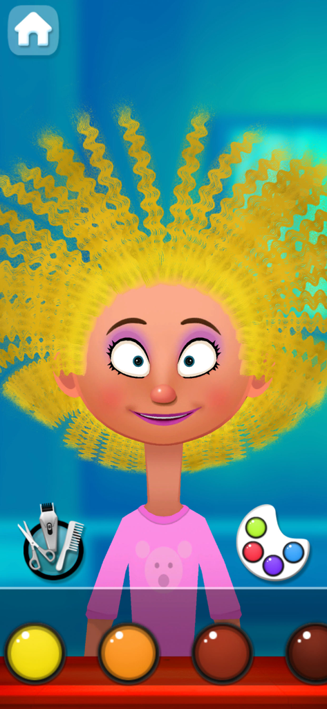 Hair Salon Star - hairdresser - A cartoon girl with voluminous crimped yellow hair being styled in the Hair Salon Star mobile game interface.