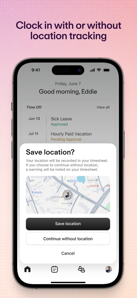 Personio mobile app screen showing a prompt to save location during employee clock-in
