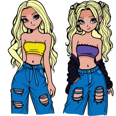 2 girls in crop tops and baggy jeans ripped