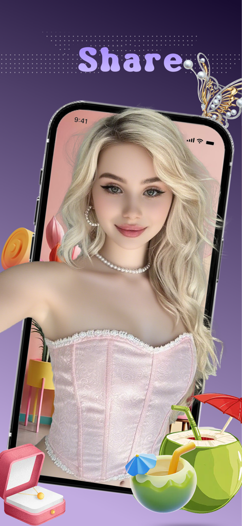 Live Chat，Content Share -Snivo - Eine Frau, die eine Perlenkette und einen rosa Korsett trägt und ihren Look auf dem Bildschirm der Snivo-Mobil-App teilt.