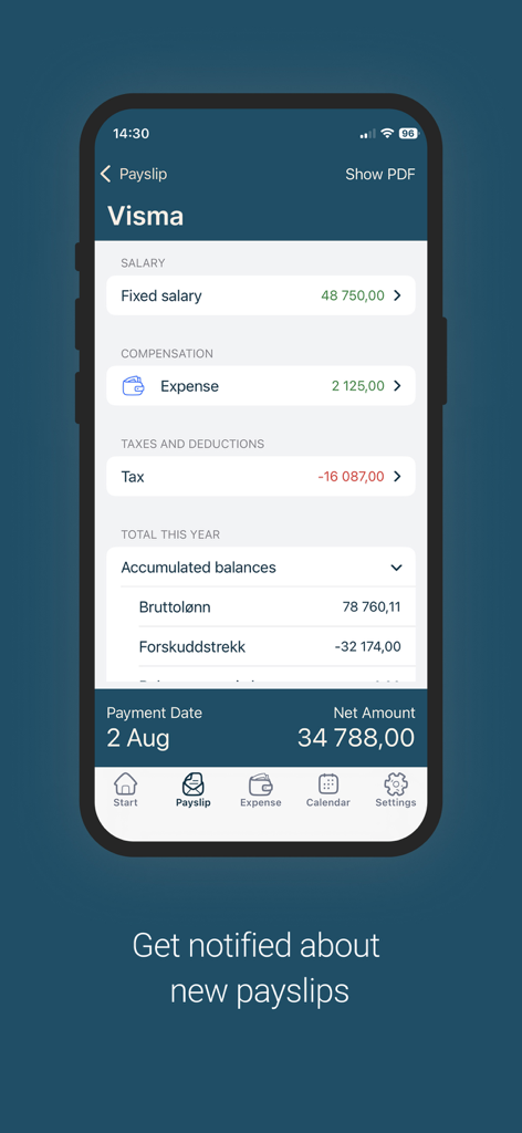 Uma tela móvel mostrando a interface de folha de pagamento do aplicativo Visma Employee com detalhes salariais e impostos.