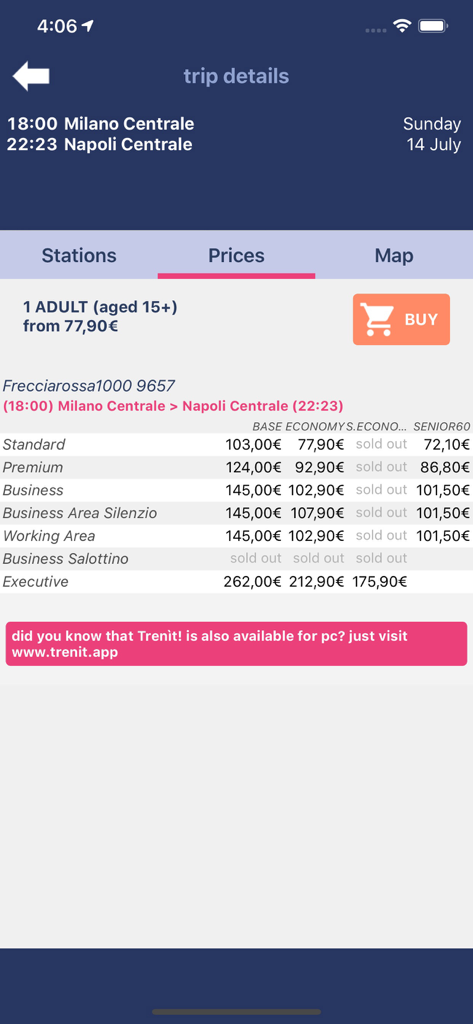 Train ticket price comparison for Milan to Naples in the Trenit app.