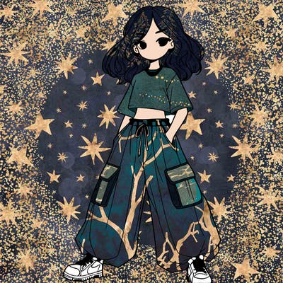 girl in baggy pants crop top long hair