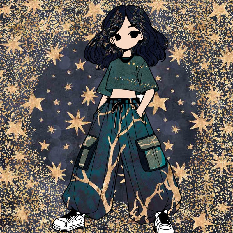 girl in baggy pants crop top long hair