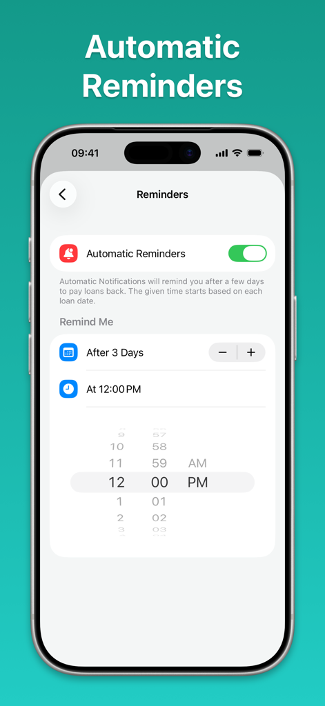 Keepfully – Loan Tracker - Settings screen for automatic reminders in the Keepfully loan tracker app.