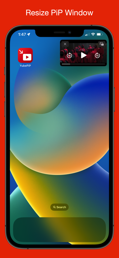 홈 화면에서 YubePiP 크기 조절 가능한 Picture in Picture 비디오 창을 보여주는 iPhone 화면