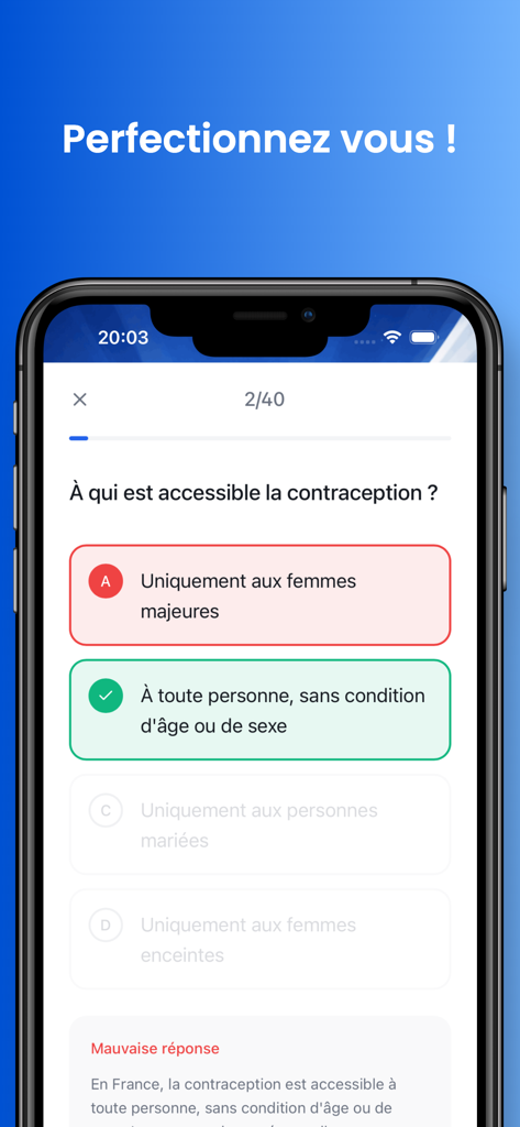 Examen Civique Test - Quiz interface of the French naturalization exam mobile app showing a question about social rights