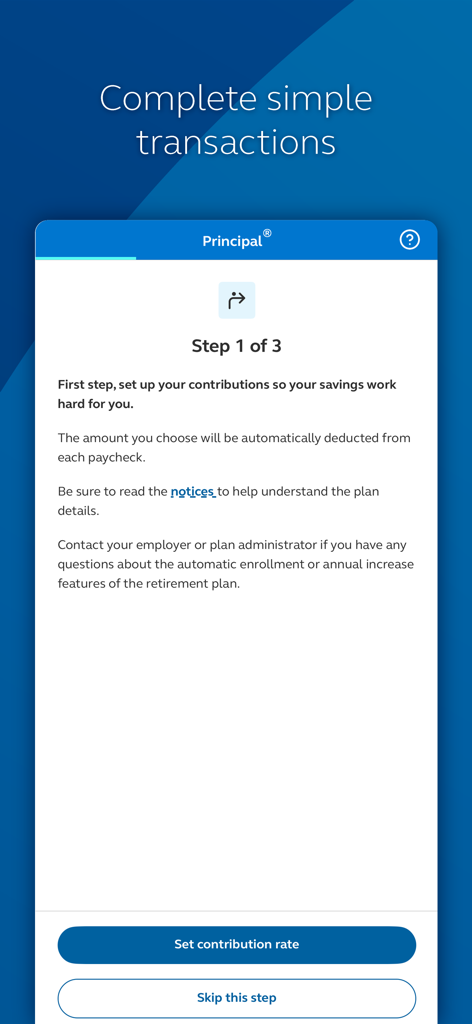 Principal® - Principalアプリの画面に、退職金貯蓄拠出金の設定の最初のステップが表示されています。