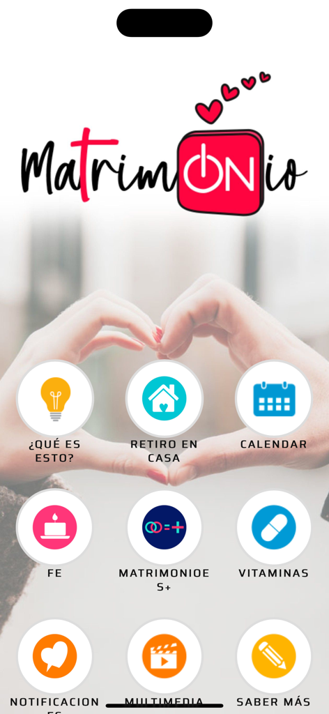 The main menu of the MatrimONio app featuring icons for Home Retreat, Faith, and Vitamins sections over a background of hands forming a heart.
