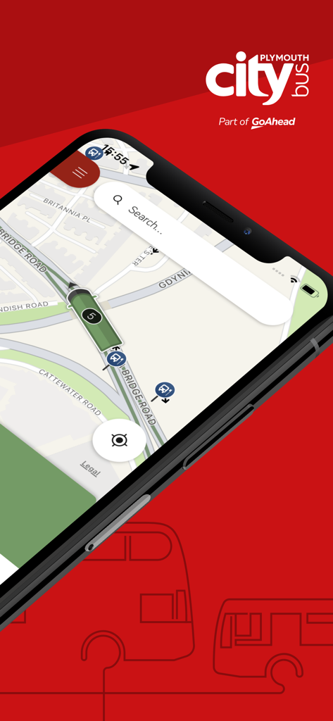 Plymouthbus - A smartphone displaying the live map and bus tracking feature of the Plymouthbus app