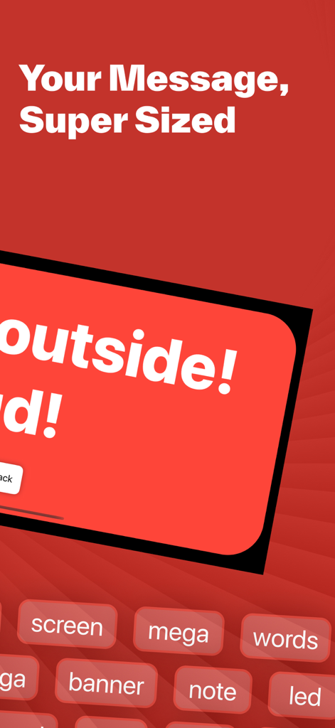 Display Text - Large note - Application Display Text montrant des lettres blanches très grandes sur un fond rouge pour la communication visuelle