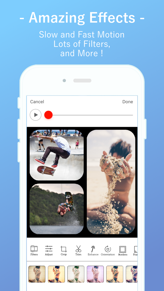 Tela de smartphone exibindo ferramentas de edição de fotos e vídeos com layout de colagem e opções de filtro