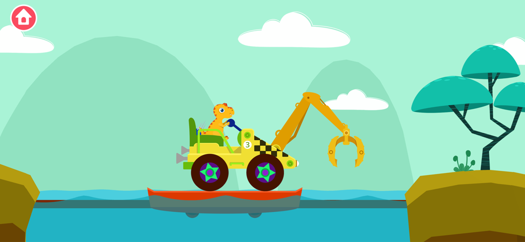 Dinosaur Digger Games for kids - Cartoon dinosaur driving a yellow excavator truck on a floating raft
