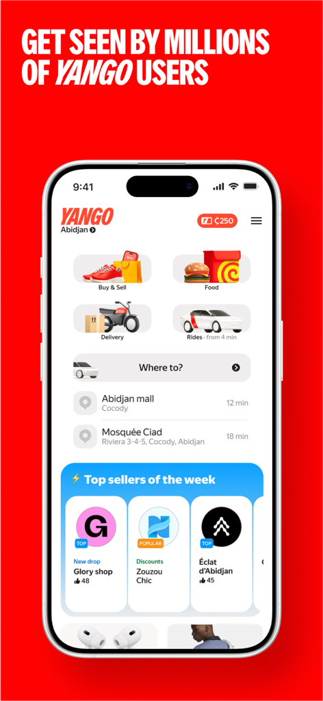 Yango Business - Interface do aplicativo Yango Business mostrando os principais vendedores e categorias do marketplace