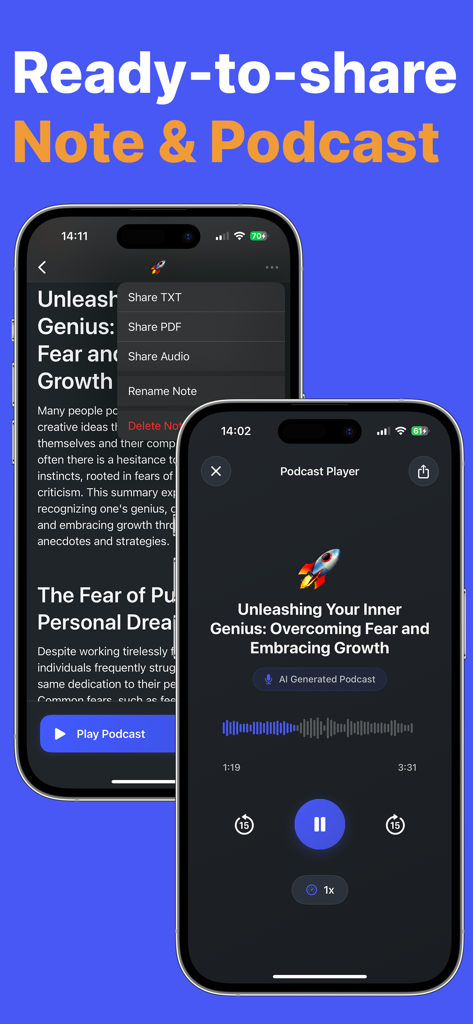 Interface of Notera app showing note sharing options in TXT and PDF formats alongside an AI generated podcast player screen