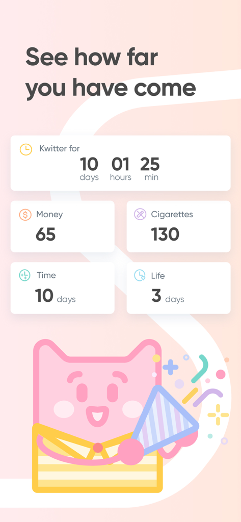 Kwit app dashboard displaying smoking cessation progress including money saved and cigarettes avoided.
