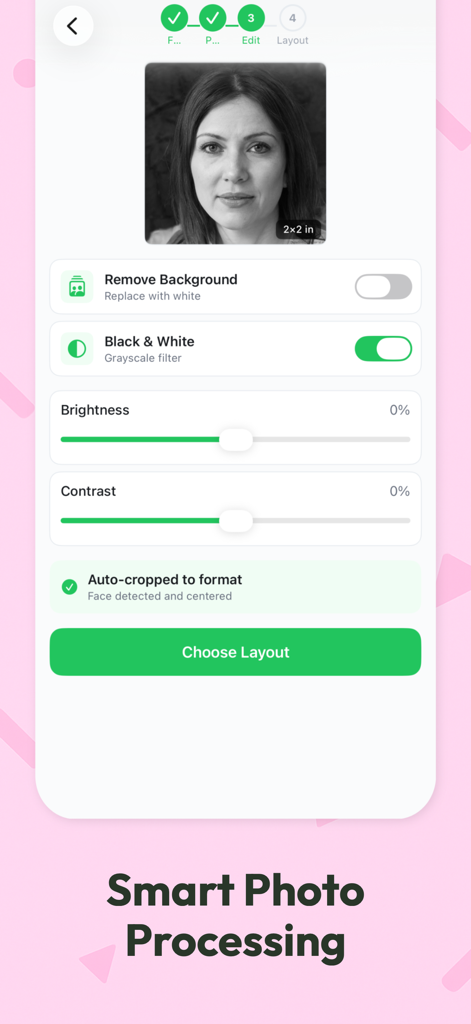 Passport Photo & ID Card - IDG - Schermata dell'app per smartphone che mostra le opzioni di editing fotografico per una carta d'identità per passaporto