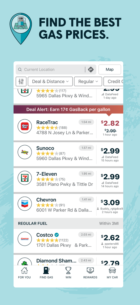 Interface do aplicativo GasBuddy mostrando uma lista de postos de gasolina próximos com preços atuais de combustível e alertas de ofertas
