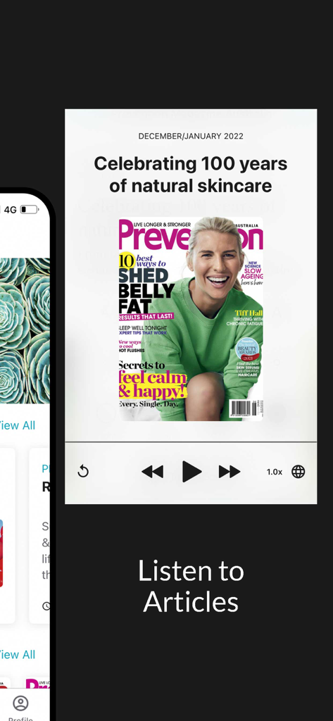 Prevention Magazine Australia - Prevention Magazine Australia app interface showing the Listen to Articles audio player feature