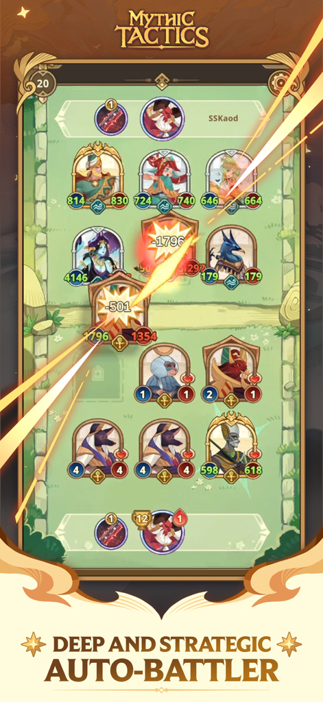 Mythic Tactics: Battleground - Gameplay screen of Mythic Tactics Battleground showing strategic card placement and combat effects