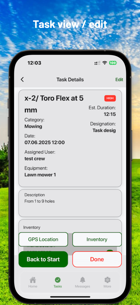 Pantalla de detalles de tareas en la App Golf Manager que muestra una tarea de alta prioridad de siega para un greenkeeper.