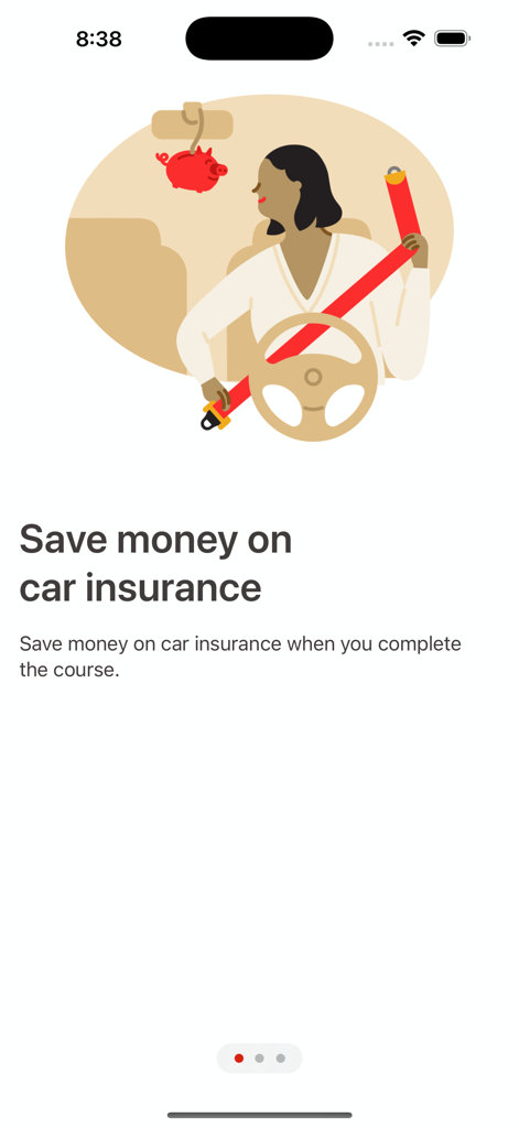 Steer Clear app screen showing a young driver buckling a seatbelt with text about saving money on car insurance