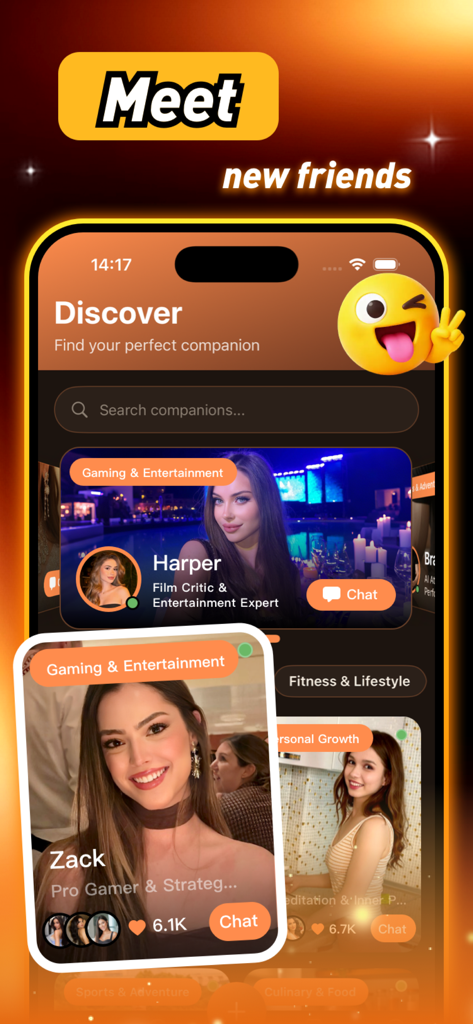 Vexol - Vexol app discovery screen displaying various AI companion profiles for chat and interaction