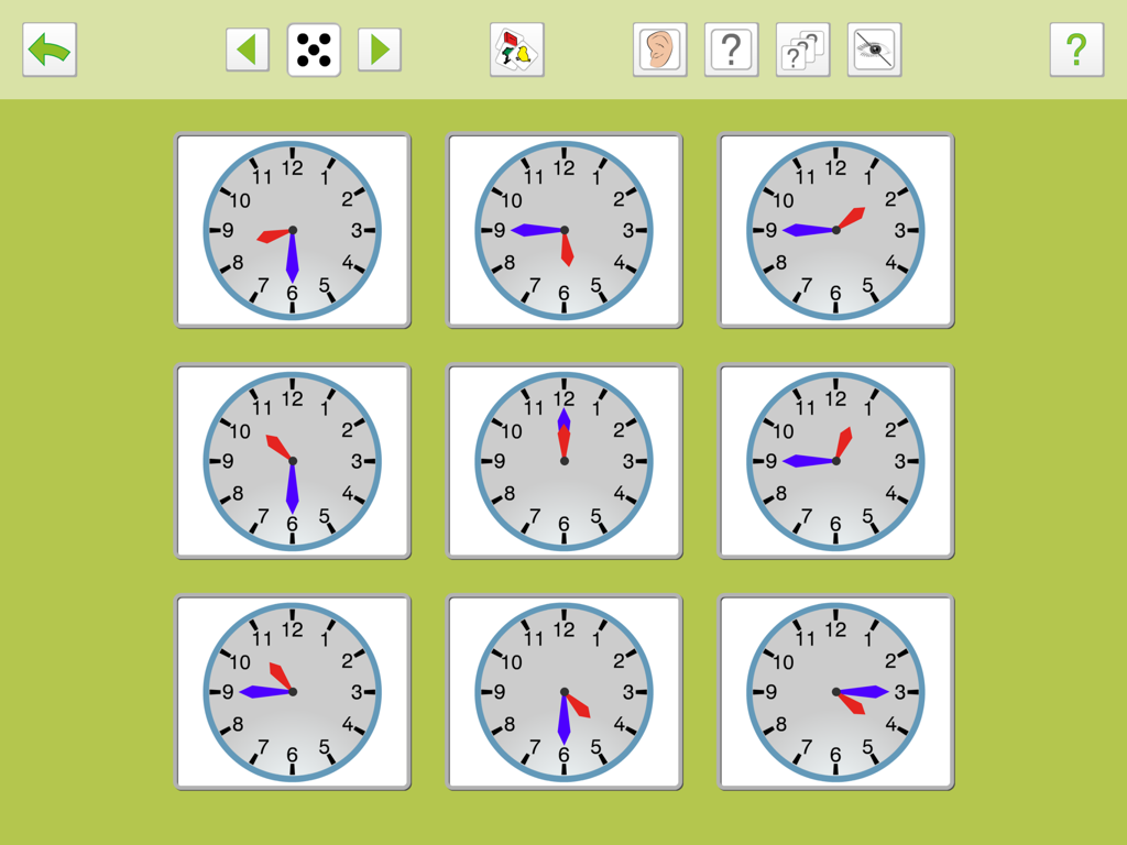 Una cuadrícula de nueve relojes analógicos que muestran diferentes horas para un ejercicio de aprendizaje.