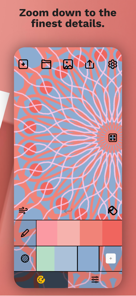 A close up zoom on an intricate mandala design within the app interface showing color palettes and drawing tools