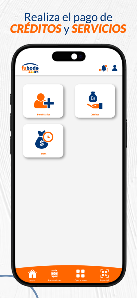 Fubode IFD - Painel do aplicativo Fubode IFD mostrando opções para pagamentos de empréstimos e serviços
