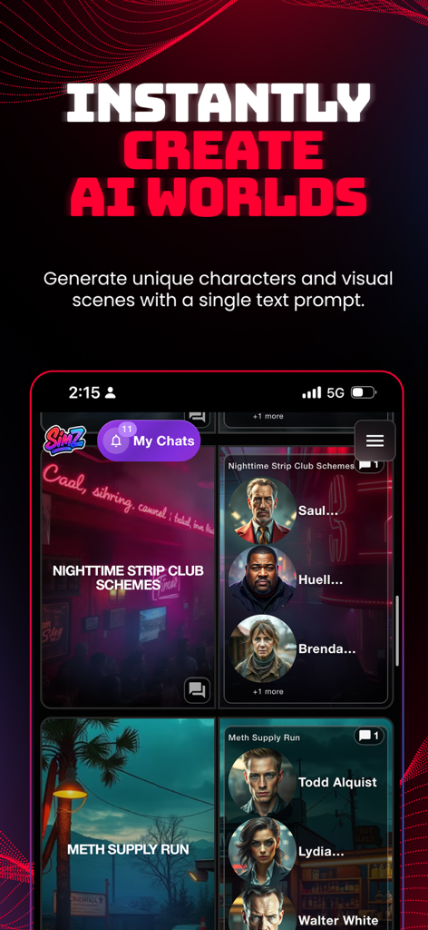 SimZ: Chat with AI Characters - Captura de pantalla de la aplicación SimZ mostrando varios mundos de historias generados por IA y perfiles de personajes como roles inspirados en Breaking Bad.