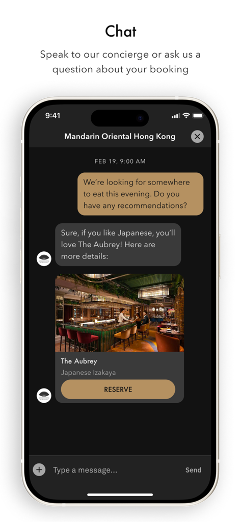 레스토랑 추천을 제공하는 만다린 오리엔탈 컨시어지 채팅 인터페이스