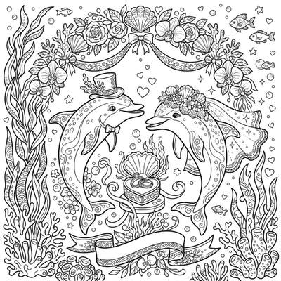 Witness a unique underwater celebration as two Spinner Dolphins embark on their wedding journey in this charming coloring page. Featuring elegant marine details and romantic flair, it's perfect for a creative escape.