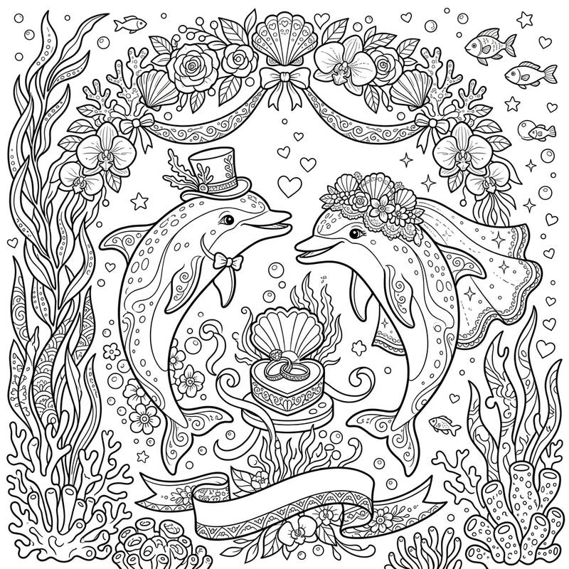Witness a unique underwater celebration as two Spinner Dolphins embark on their wedding journey in this charming coloring page. Featuring elegant marine details and romantic flair, it's perfect for a creative escape.