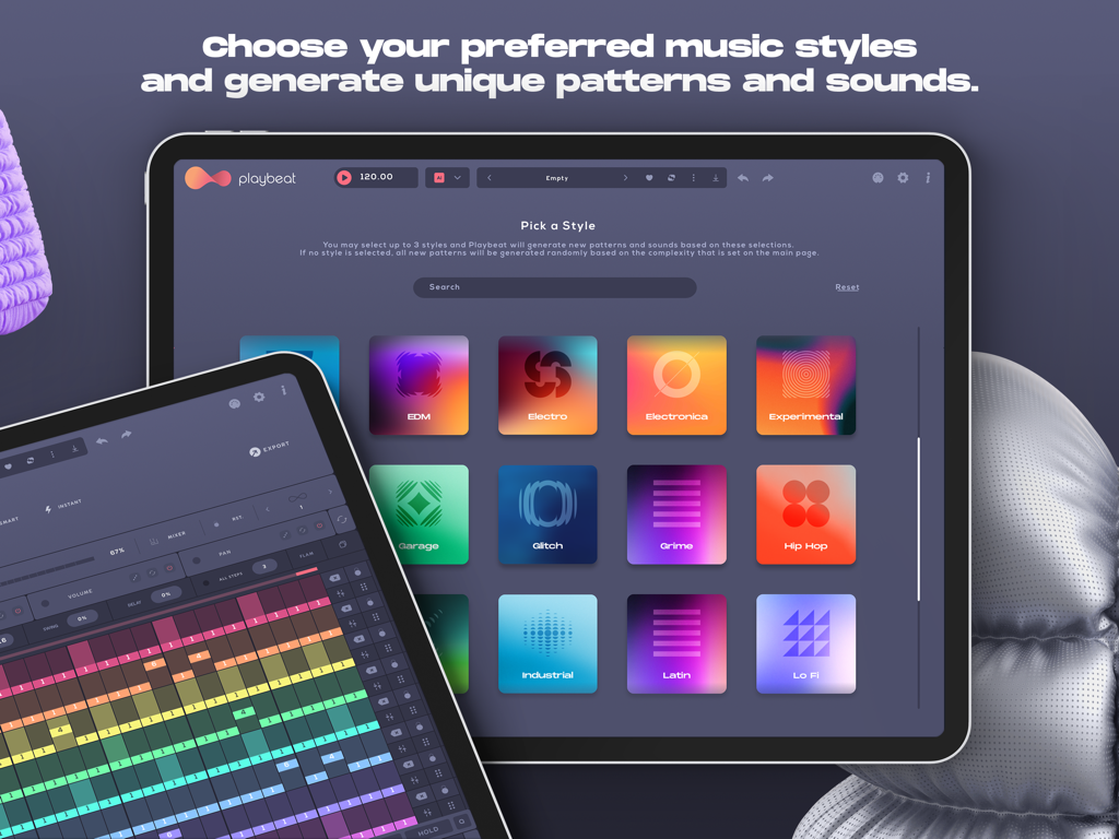 Interfaccia iPad di Playbeat 4 che mostra le opzioni di stile musicale per beat e pattern generati dall'IA