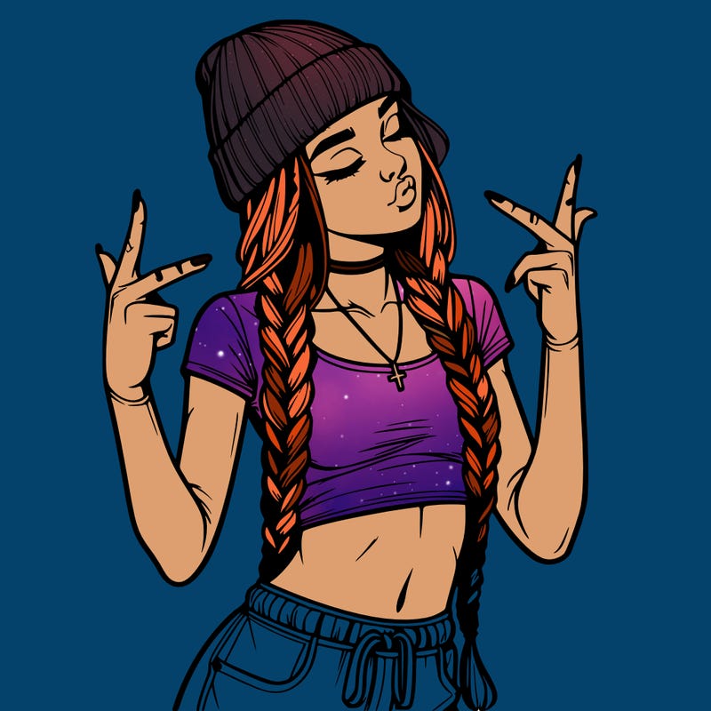 realistic teenage girl with braids and a beanie and crop top doing 🫶🏼