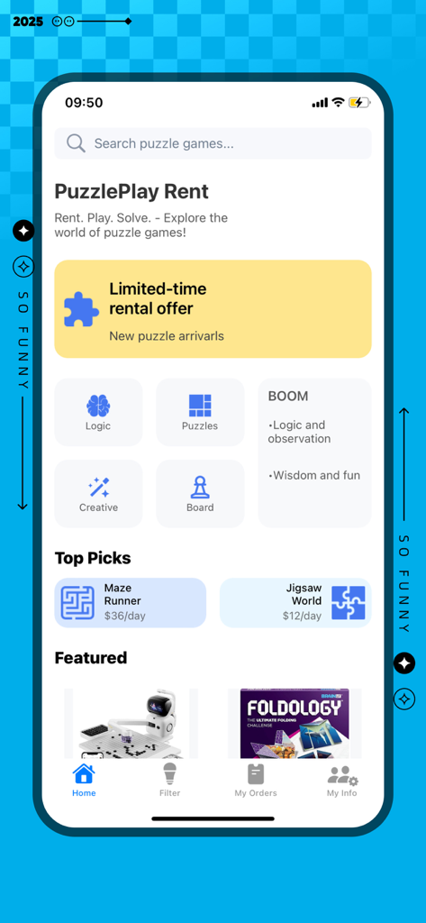 PuzzlePlayRent - PuzzlePlayRent mobile app interface showing categories for logic and board puzzle rentals
