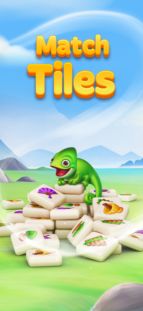 Zen Match - Relaxing Puzzle - Un lindo camaleón verde sentado sobre una pila de fichas de mahjong con el texto Match Tiles en un paisaje sereno
