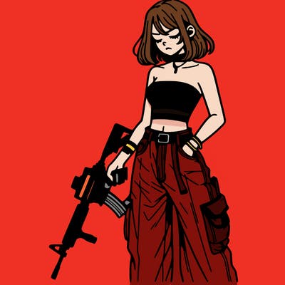 a dangerous girlcrop top and baggy jeans with a rifle in her hand