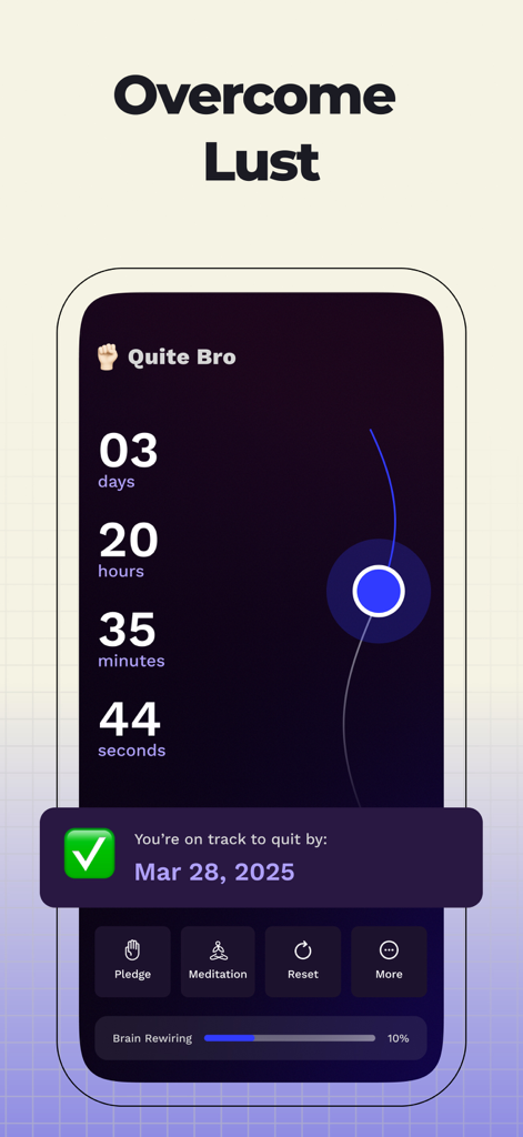 Quitbro · Quit Porn Addiction - QuitBro app interface showing a recovery timer and progress towards a quit goal