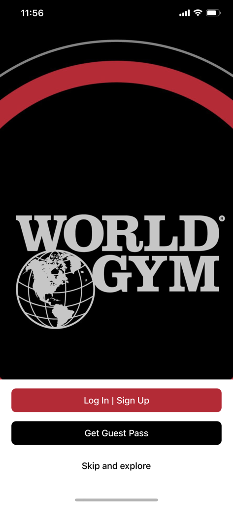 Tela de boas-vindas do aplicativo World Gym com botões de login e passe de convidado