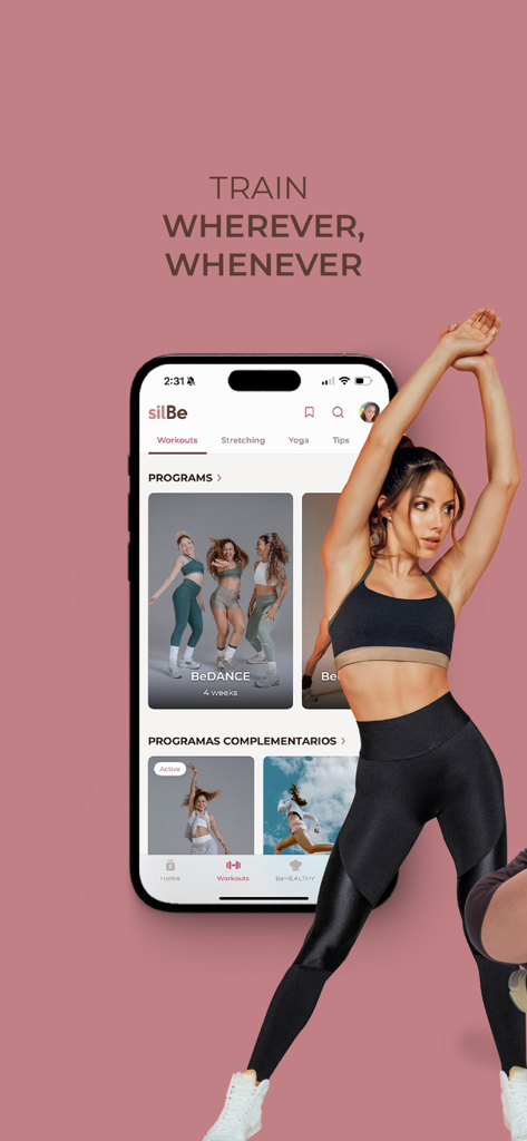 silBe: Fitness for Women - Smartphone mostrando la interfaz de la aplicación de fitness silBe junto a una mujer estirándose