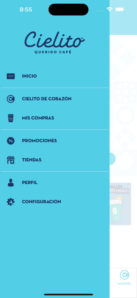 Cielito Querido - Side navigation menu of the Cielito Querido Cafe mobile app featuring options for rewards, purchases, and store locations