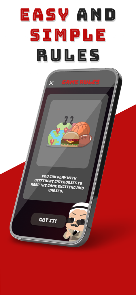 Capture d'écran de l'application Spy Game montrant des règles simples et différentes catégories de jeux.