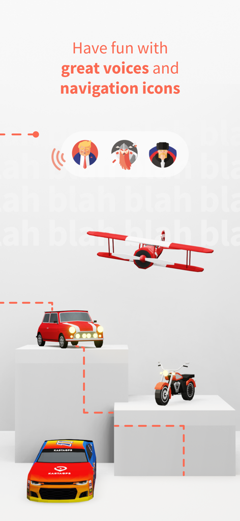 A display of custom voice profiles and 3D vehicle map markers like cars and planes available in the Karta GPS app.