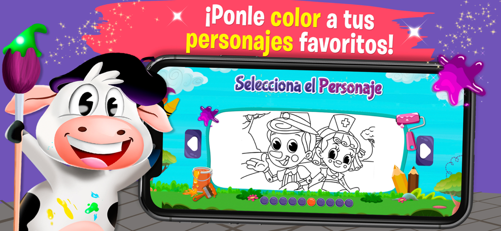 Dibujar y Colorear - Drawing and coloring app interface featuring La Vaca Lola and Spanish characters