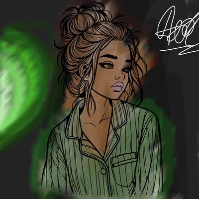 realistic woman with pajamas on and a messy bun